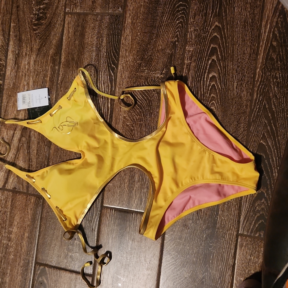 Sexy yellow & pink 1 piece bathing suit